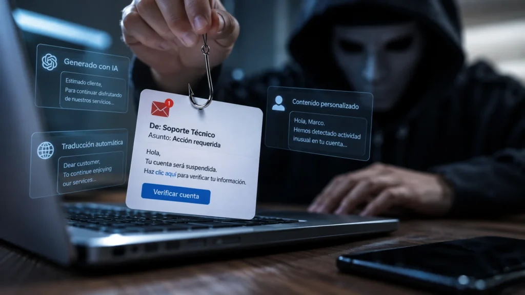 Ilustración de un correo fraudulento colgado de un anzuelo frente a un portátil, con referencias al uso de inteligencia artificial.