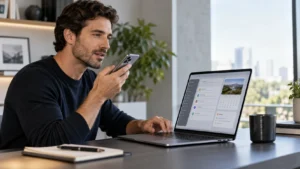 Profesional utilizando Siri AI entre un smartphone y un computador compatible con Apple Intelligence.